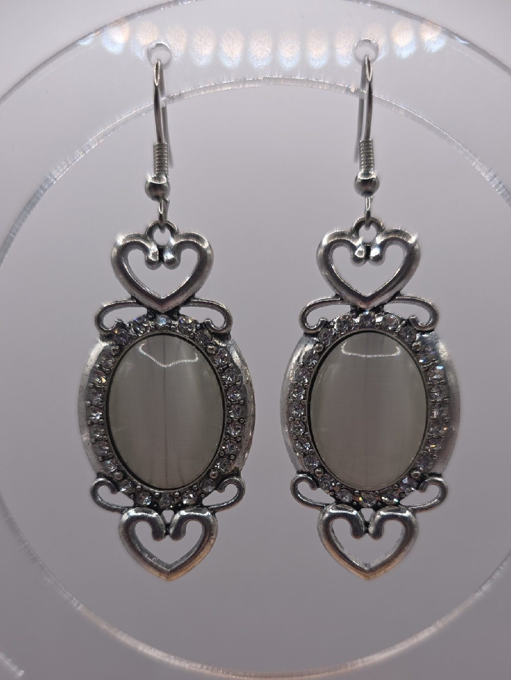 Silver Heart Frame Drop Earrings with Gray Cats Eye Cabochon